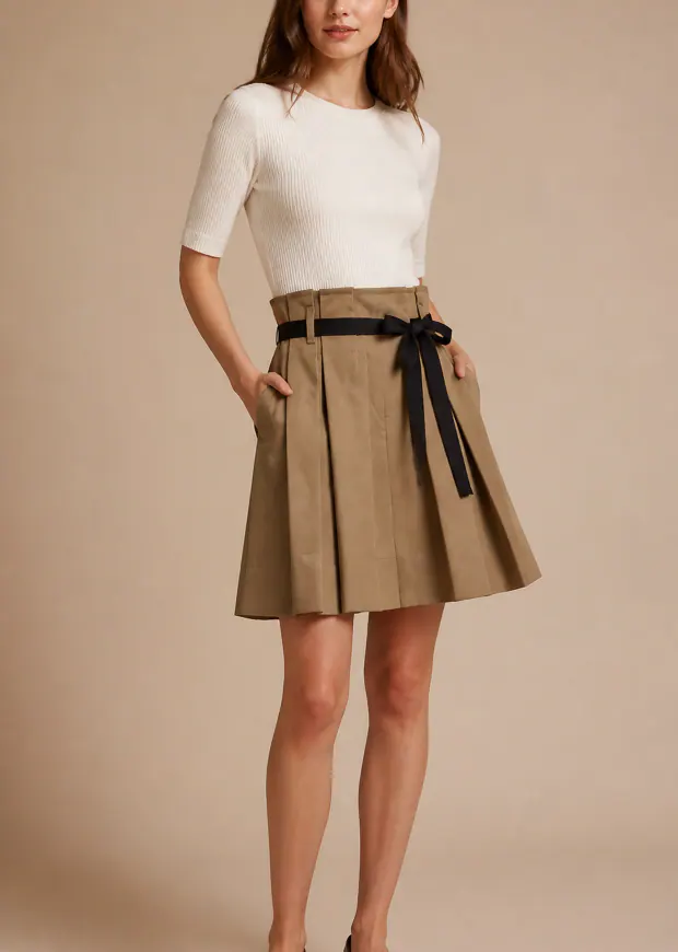 Woman wearing a wood-beige short pleated skirt with a cream top