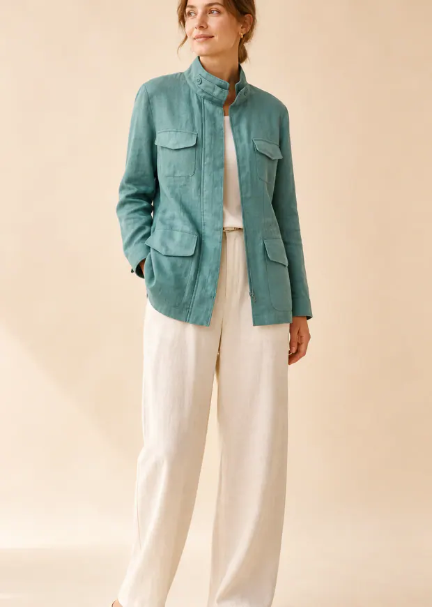 Woman wearing a turquoise-green linen utility jacket with white trousers