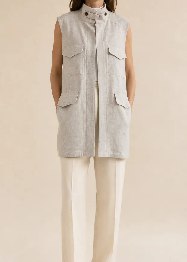 Woman wearing a pelican-gray sleeveless stand-collar outer layer