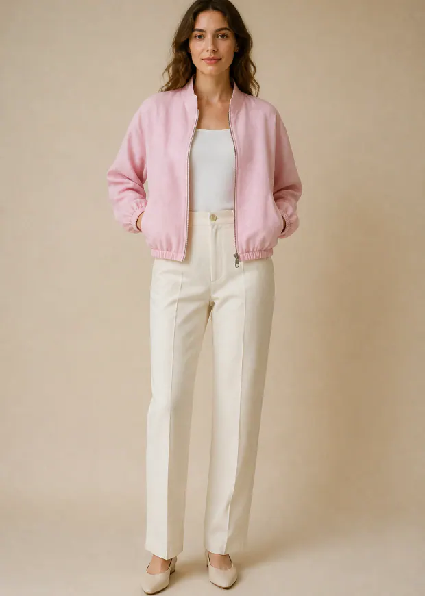 Woman wearing a soft pink bomber jacket with white trousers