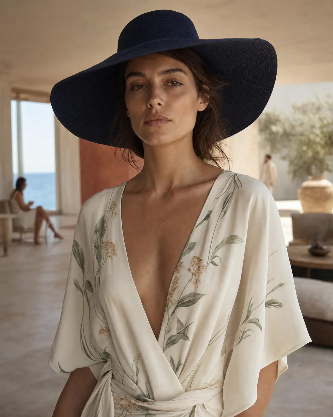 Woman in a wide-brim navy hat wearing a botanical-print dress in a sunlit interior